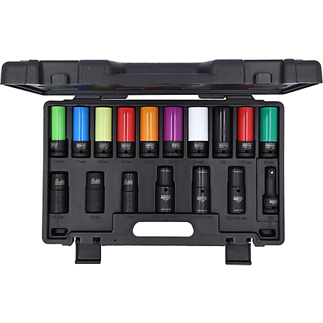 Schwarzer Werkzeugkasten mit farbigen Steckschlüsseln. Oben sind bunte Steckschlüssel und unten sind schwarze Steckschlüssel in einer Box.